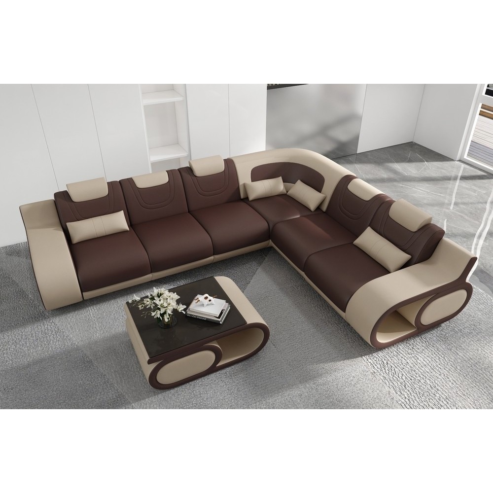 Canapé d'angle en cuir italien 7 places LUXEMBOURG, chocolat et beige, angle droit Canapé d'angle en cuir italien 7 places LUXEMBOURG, chocolat et beige, angle droit