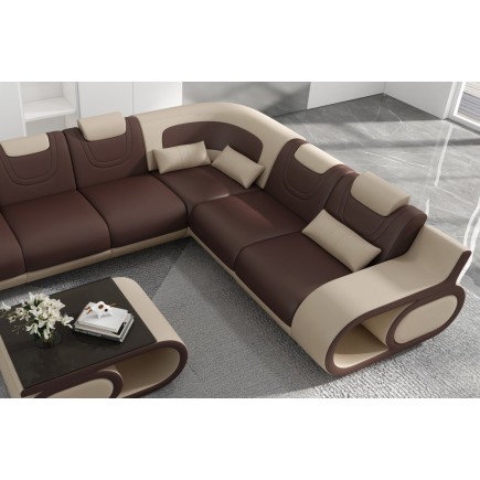 Canapé d'angle en cuir italien 7 places LUXEMBOURG, chocolat et beige, angle droit