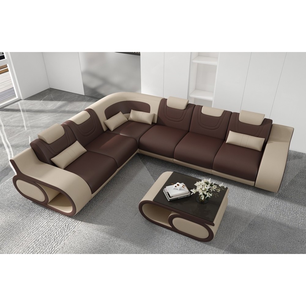 - Canapé d'angle en cuir italien 7 places LUXEMBOURG, chocolat et beige, angle gauche - Canapé d'angle en cuir italien 7 places LUXEMBOURG, chocolat et beige, angle gauche