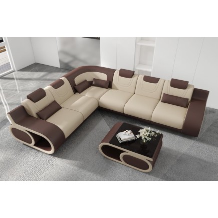 Canapé d'angle en cuir italien 7 places LUXEMBOURG, beige et chocolat, angle gauche