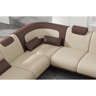Canapé d'angle en cuir italien 7 places LUXEMBOURG, beige et chocolat, angle gauche