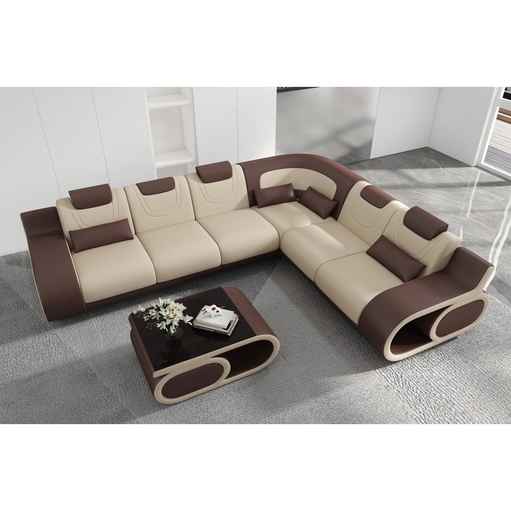 Canapé d'angle en cuir italien 7 places LUXEMBOURG, beige et chocolat, angle droit Canapé d'angle en cuir italien 7 places LUXEMBOURG, beige et chocolat, angle droit
