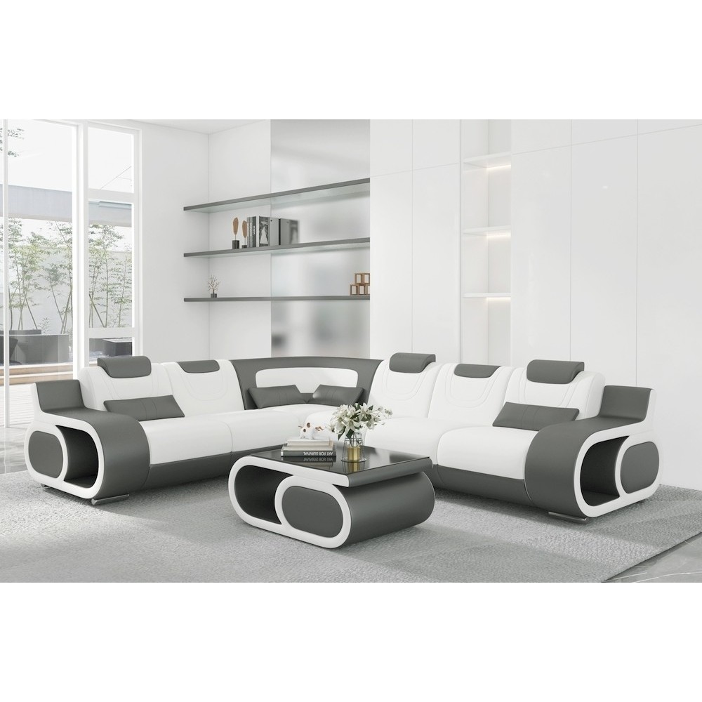 - Canapé d'angle en cuir italien 7 places LUXEMBOURG, blanc et gris foncé, angle gauche - Canapé d'angle en cuir italien 7 places LUXEMBOURG, blanc et gris foncé, angle gauche