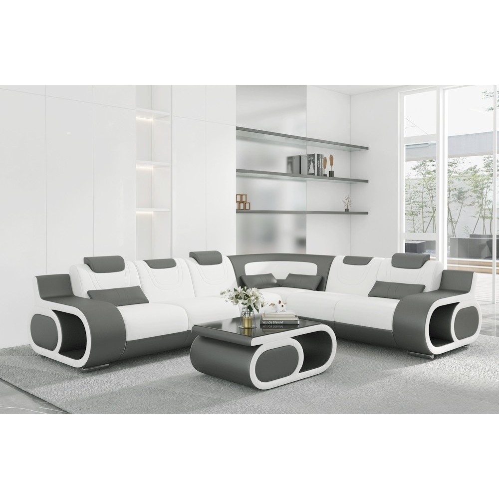 Canapé d'angle en cuir italien 7 places LUXEMBOURG, blanc et gris foncé, angle droit Canapé d'angle en cuir italien 7 places LUXEMBOURG, blanc et gris foncé, angle droit