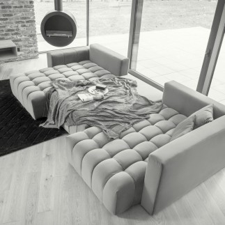 Canapé convertible en velours luxe 6/7 places et coffre, gris, méridienne gauche (vu de face) BONITA