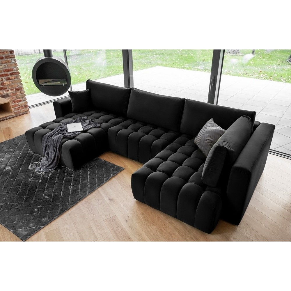 - Canapé convertible en velours luxe 6/7 places et coffre, noir, méridienne gauche (vu de face) BONITA