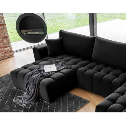 - Canapé convertible en velours luxe 6/7 places et coffre, noir, méridienne gauche (vu de face) BONITA