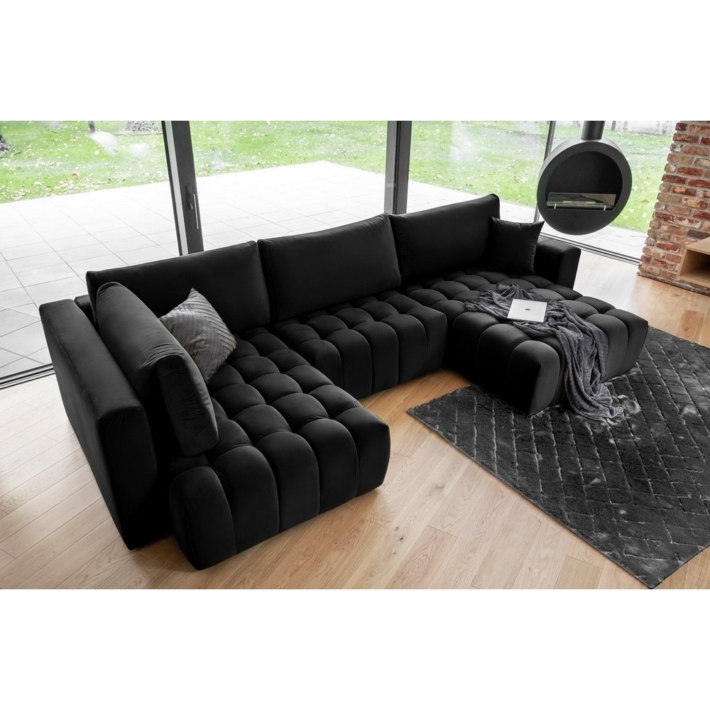 Canapé convertible en velours luxe 5 places et coffre, noir, méridienne droite (vu de face) BONITA Canapé convertible en velours luxe 5 places et coffre, noir, méridienne droite (vu de face) BONITA