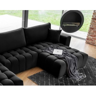 Canapé convertible en velours luxe 5 places et coffre, noir, méridienne droite (vu de face) BONITA