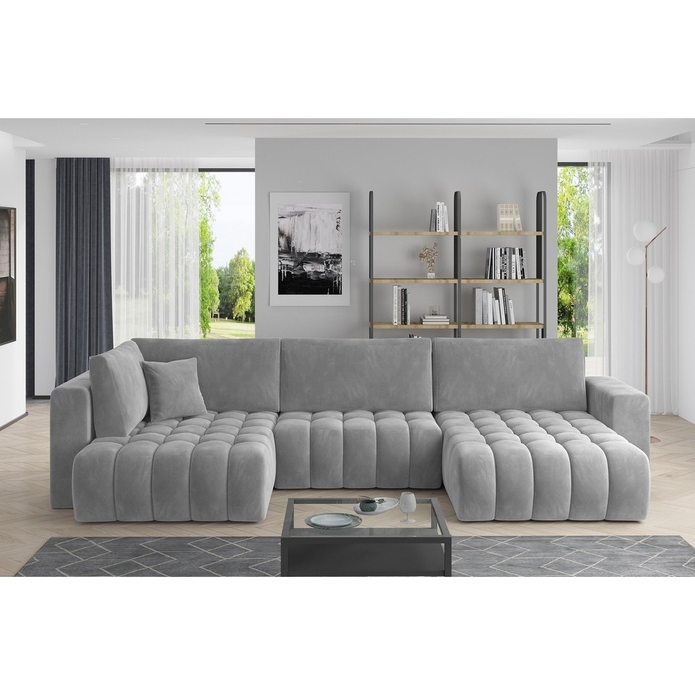 Canapé convertible en velours luxe 5 places et coffre, gris, méridienne droite (vu de face) BONITA Canapé convertible en velours luxe 5 places et coffre, gris, méridienne droite (vu de face) BONITA