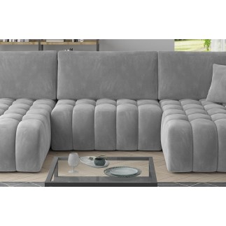Canapé convertible en velours luxe 5 places et coffre, gris, méridienne droite (vu de face) BONITA