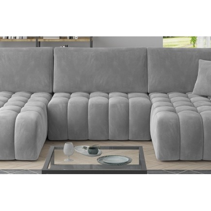 Canapé convertible en velours luxe 5 places et coffre, gris, méridienne droite (vu de face) BONITA
