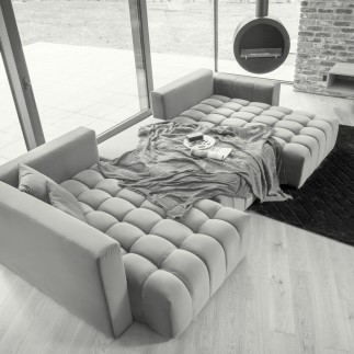 Canapé convertible en velours luxe 5 places et coffre, gris, méridienne droite (vu de face) BONITA