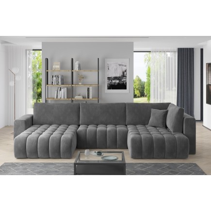 Canapé convertible en velours luxe 6/7 places et coffre, gris foncé, méridienne gauche (vu de face) BONITA