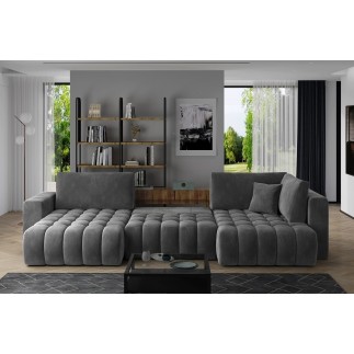 Canapé convertible en velours luxe 6/7 places et coffre, gris foncé, méridienne gauche (vu de face) BONITA