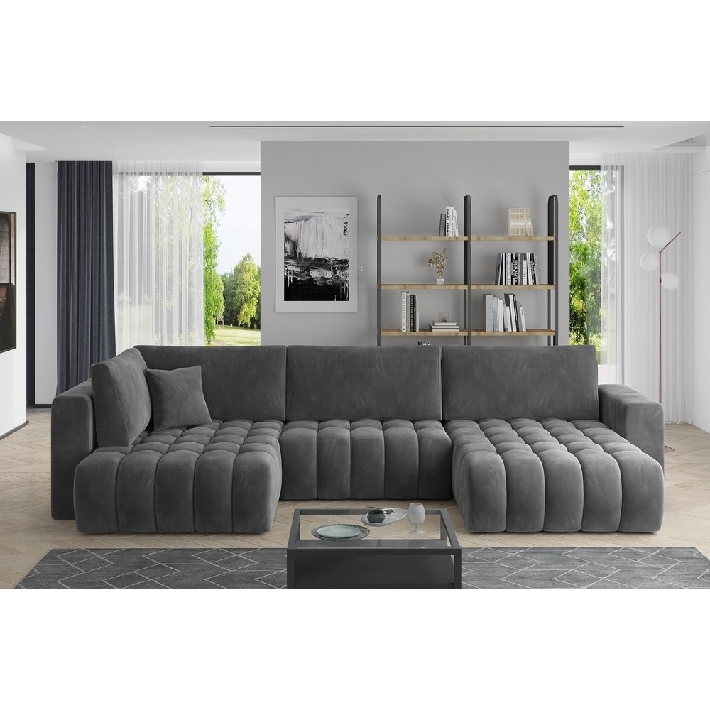 Canapé convertible en velours luxe 5 places et coffre, gris foncé, méridienne droite (vu de face) BONITA Canapé convertible en velours luxe 5 places et coffre, gris foncé, méridienne droite (vu de face) BONITA