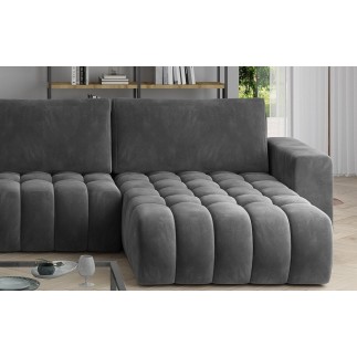 Canapé convertible en velours luxe 5 places et coffre, gris foncé, méridienne droite (vu de face) BONITA