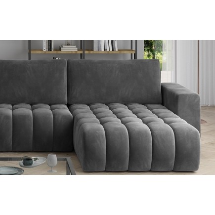 Canapé convertible en velours luxe 5 places et coffre, gris foncé, méridienne droite (vu de face) BONITA