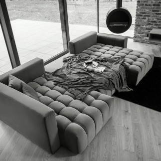 Canapé convertible en velours luxe 5 places et coffre, gris foncé, méridienne droite (vu de face) BONITA