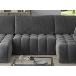 Canapé convertible en velours luxe 5 places et coffre, gris foncé, méridienne droite (vu de face) BONITA