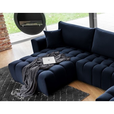 Canapé convertible en velours luxe 6/7 places et coffre, bleu foncé, méridienne gauche (vu de face) BONITA