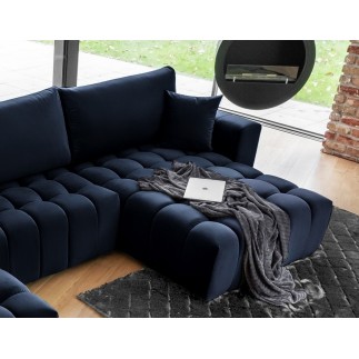 Canapé convertible en velours luxe 5 places et coffre, bleu foncé, méridienne droite (vu de face) BONITA
