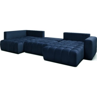 Canapé convertible en velours luxe 5 places et coffre, bleu foncé, méridienne droite (vu de face) BONITA