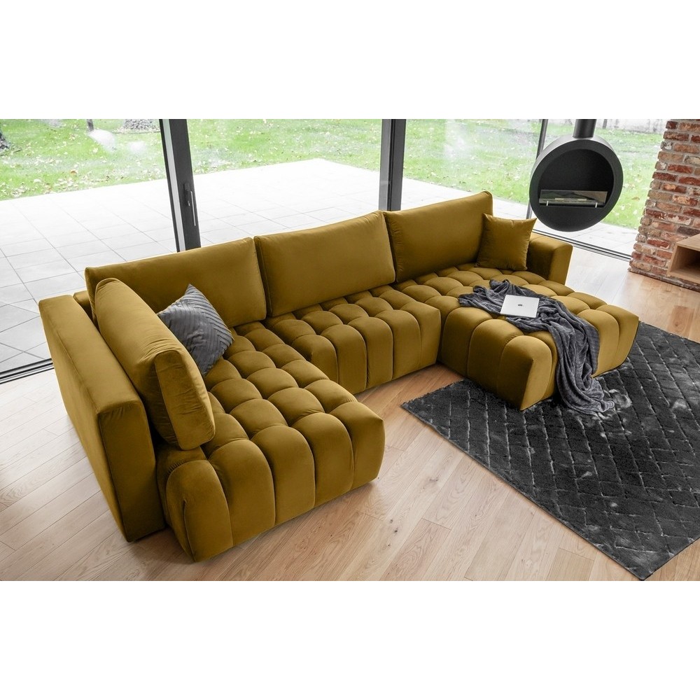 Canapé convertible en velours luxe 5 places et coffre, bronze, méridienne droite (vu de face) BONITA Canapé convertible en velours luxe 5 places et coffre, bronze, méridienne droite (vu de face) BONITA