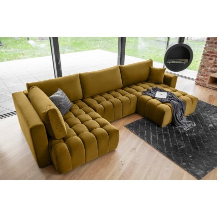 Canapé convertible en velours luxe 5 places et coffre, bronze, méridienne droite (vu de face) BONITA