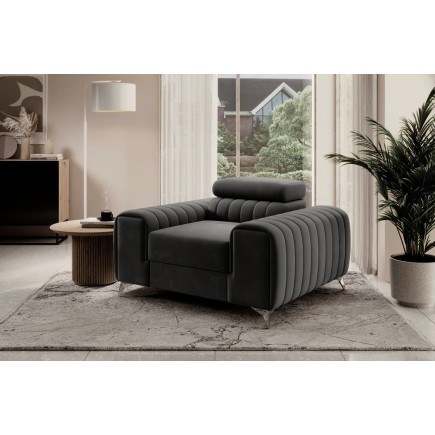 Fauteuil 1 place en tissu velours catégorie luxe, gris foncé, LARIO