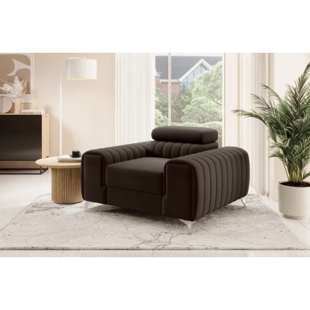 Fauteuil 1 place en tissu velours catégorie luxe, chocolat, LARIO