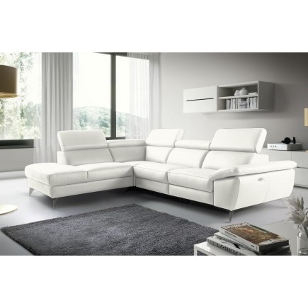Canapé d'angle 2 relax éléctriques en 100% tout cuir épais de luxe italien, 5/6 places KASTER, blanc cassé, angle gauche