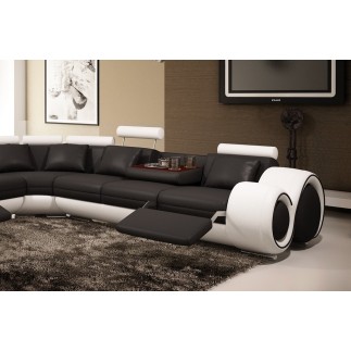- Canapé d'angle en cuir italien 5/6 places PETIT EXCELIA, noir et blanc, angle gauche,