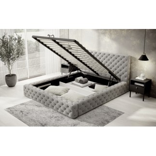 Lit 160x200 capitonné en velours luxe avec coffre, gris, PRIMO