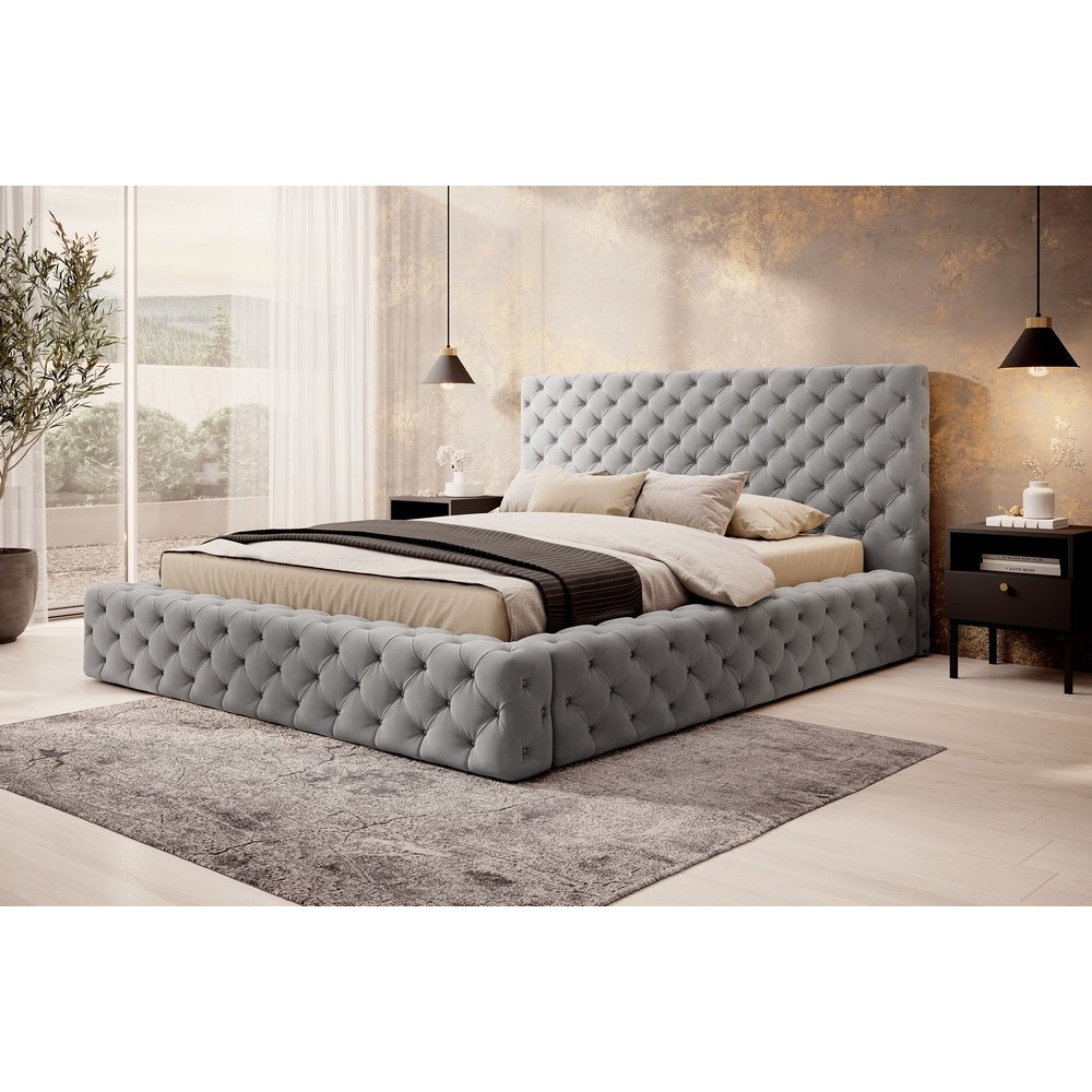 Lit 180x200 capitonné en velours luxe avec coffre, gris, PRIMO Lit 180x200 capitonné en velours luxe avec coffre, gris, PRIMO