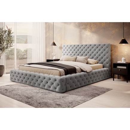 Lit 180x200 capitonné en velours luxe avec coffre, gris, PRIMO