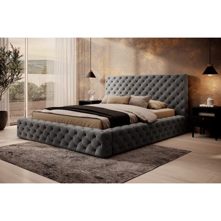 Lit 140x200 capitonné en velours luxe avec coffre, gris foncé, PRIMO