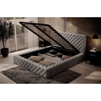 Lit 140x200 capitonné en velours luxe avec coffre, gris foncé, PRIMO