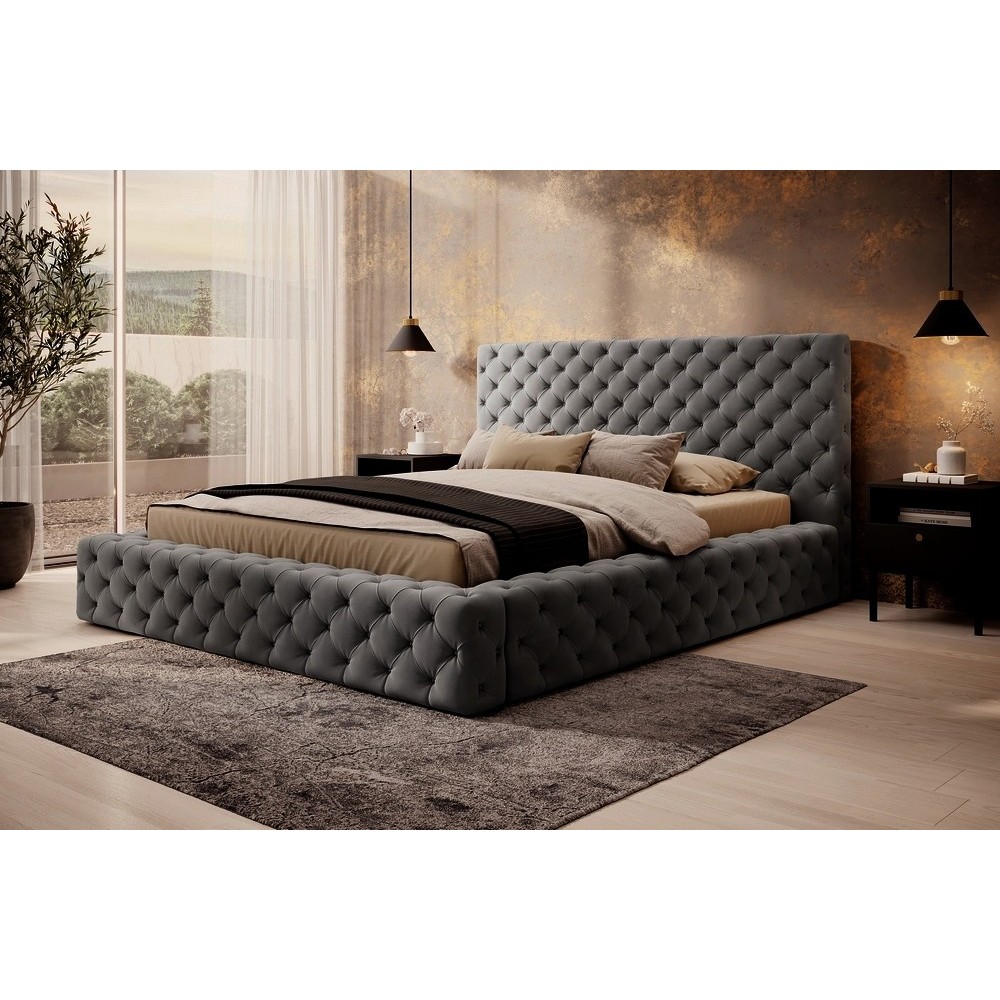 Lit 180x200 capitonné en velours luxe avec coffre, gris, PRIMO, Gris foncé Lit 180x200 capitonné en velours luxe avec coffre, gris, PRIMO, Gris foncé