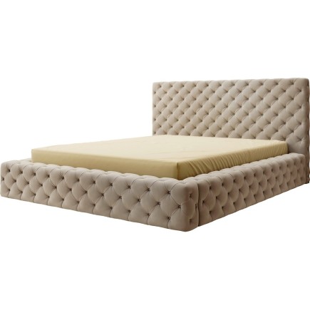 Lit 180x200 capitonné en velours luxe avec coffre, beige, PRIMO