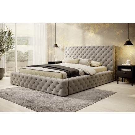 Lit 180x200 capitonné en velours luxe avec coffre, beige, PRIMO
