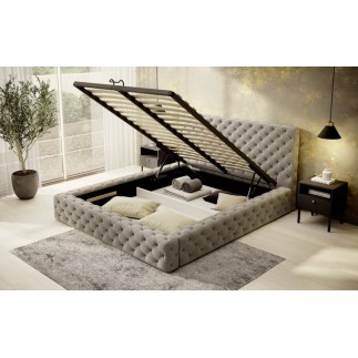 Lit 160x200 capitonné en velours luxe avec coffre, beige, PRIMO