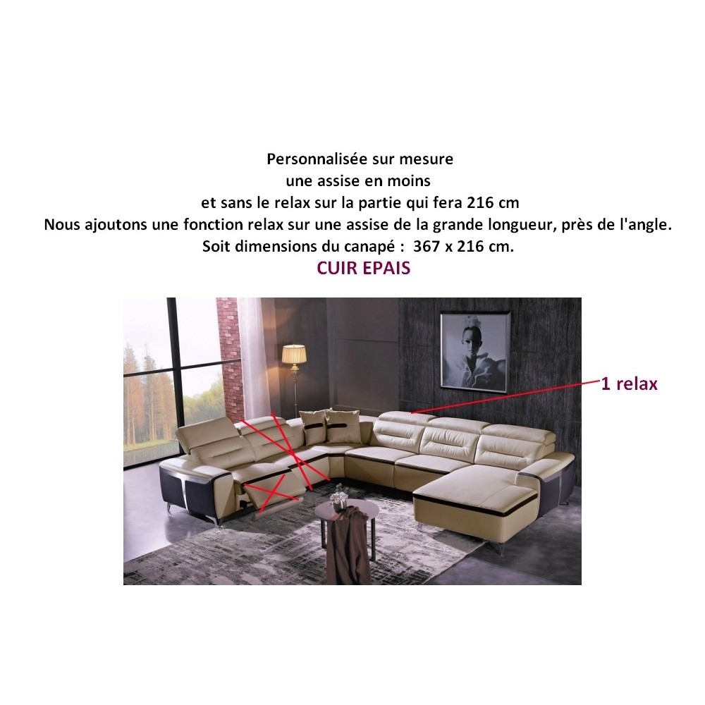Solde: Canapé d'angle relax électrique cuir Epais buffle italien luxe COMBIRELAX beige et chocolat, Personnalisée sur mesure, 1