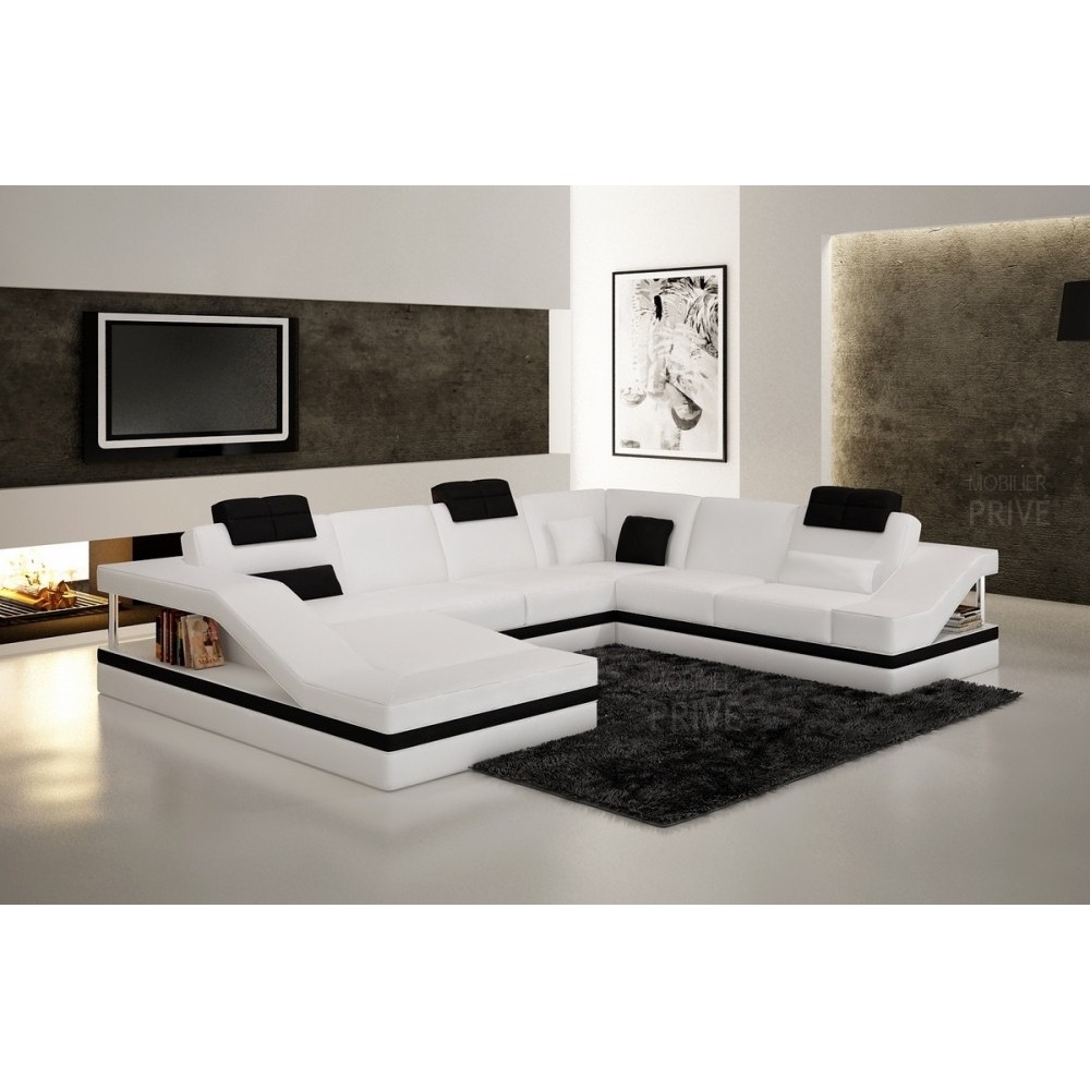 Canapé d'angle en cuir italien 8 places PERFECT, blanc et noir, angle droit Canapé d'angle en cuir italien 8 places PERFECT, blanc et noir, angle droit