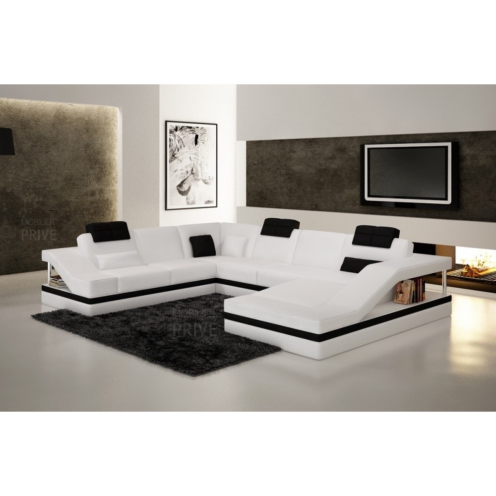 Canapé d'angle en cuir italien 8 places PERFECT, blanc et noir, angle gauche Canapé d'angle en cuir italien 8 places PERFECT, blanc et noir, angle gauche