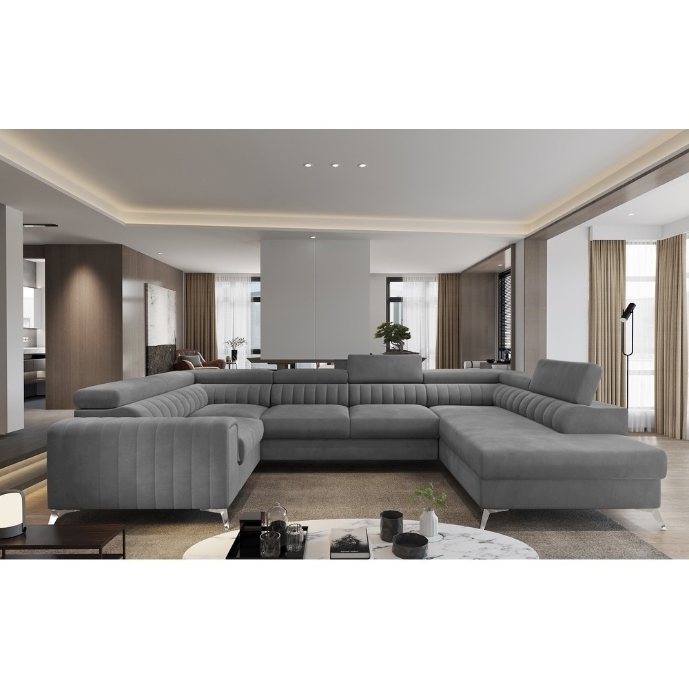 - Canapé d'angle convertible, LOUCA VELOURS Luxe, 7/8 places, gris , accoudoir gauche (vu de face) - Canapé d'angle convertible, LOUCA VELOURS Luxe, 7/8 places, gris , accoudoir gauche (vu de face)
