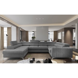 Canapé d'angle convertible LOUCA VELOURS Luxe, 7/8 places, gris , accoudoir droit (vu de face)