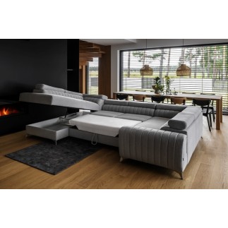 Canapé d'angle convertible LOUCA VELOURS Luxe, 7/8 places, gris , accoudoir droit (vu de face)
