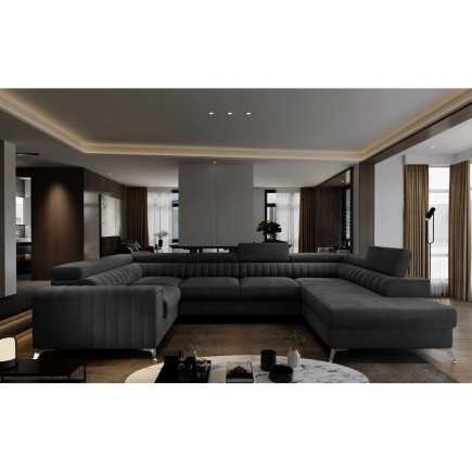 Canapé d'angle convertible, LOUCA VELOURS Luxe, 7/8 places, gris anthracite, accoudoir gauche (vu de face)