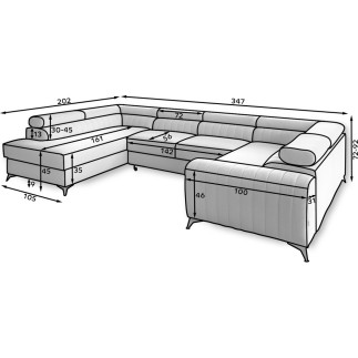 Canapé d'angle convertible LOUCA VELOURS Luxe, 7/8 places, NOIR, accoudoir droit (vu de face)